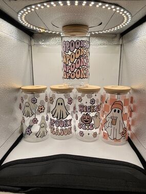 Hand Crafted Pink & White Spooky Ghost Glass Canisters with Wood Lids